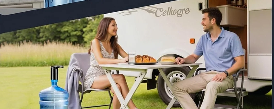 A couple at a camp table with a water jug and a Redsack pump