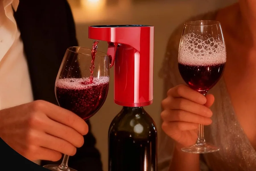 A Redsack dispenser pours red wine into a glass