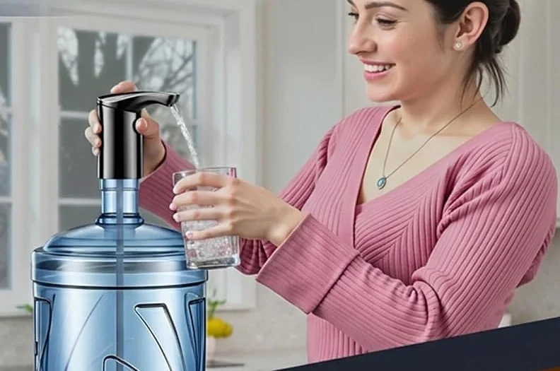 A woman fills a glass from a five-gallon bottle with a Redsack pump