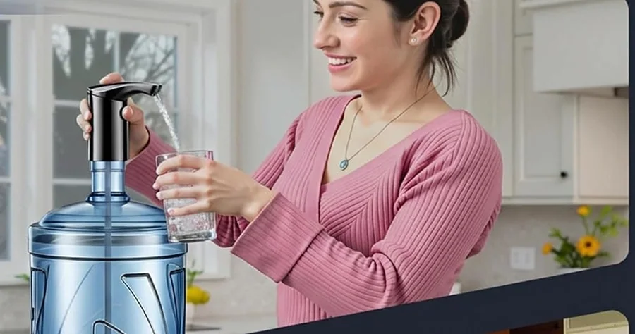 A woman fills a glass from a five-gallon bottle with a Redsack pump