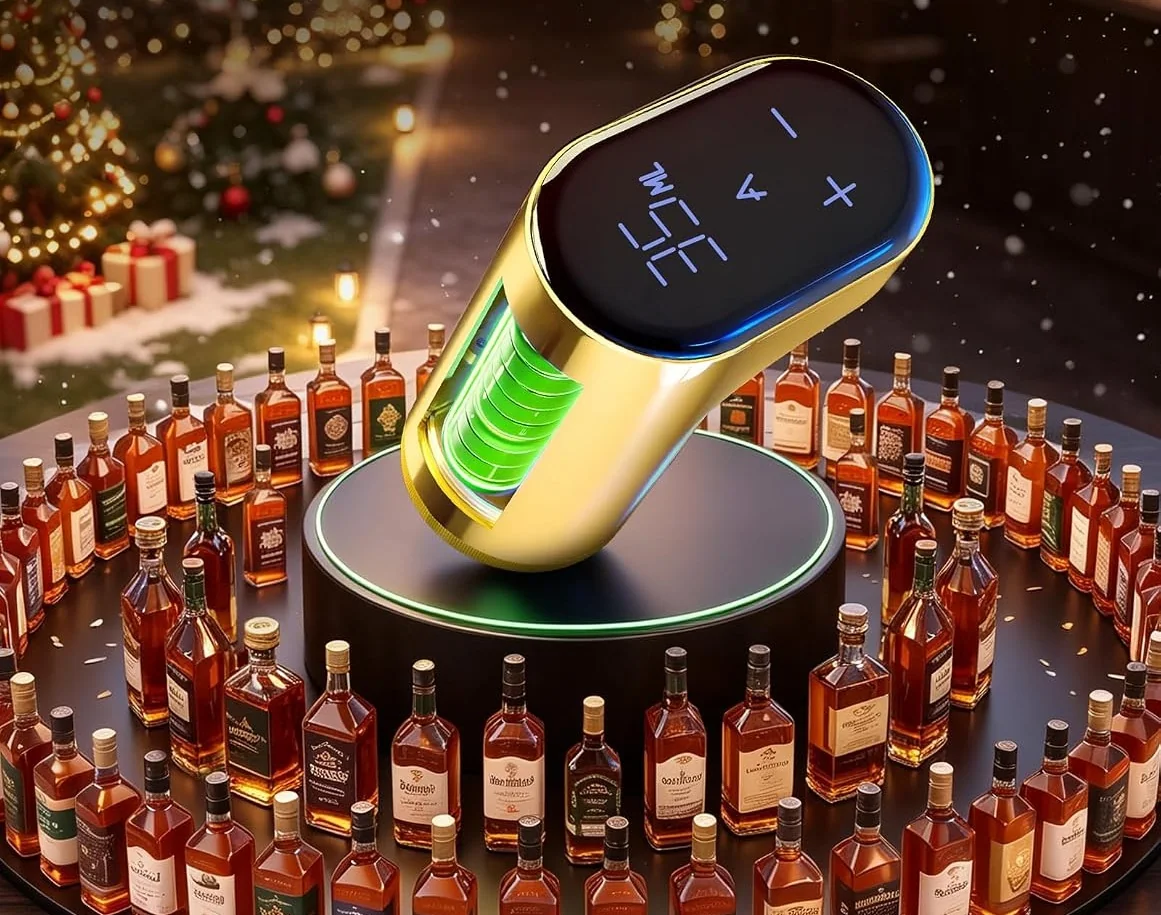 The gold whisky dispenser with its flow display lit